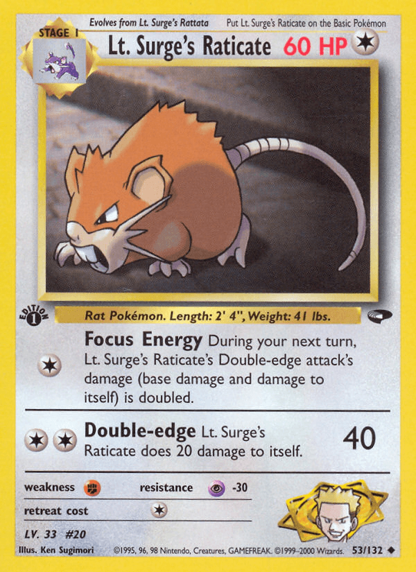 Carta Pokémon Lt. Surge's Raticate 53 de Gym Challenge