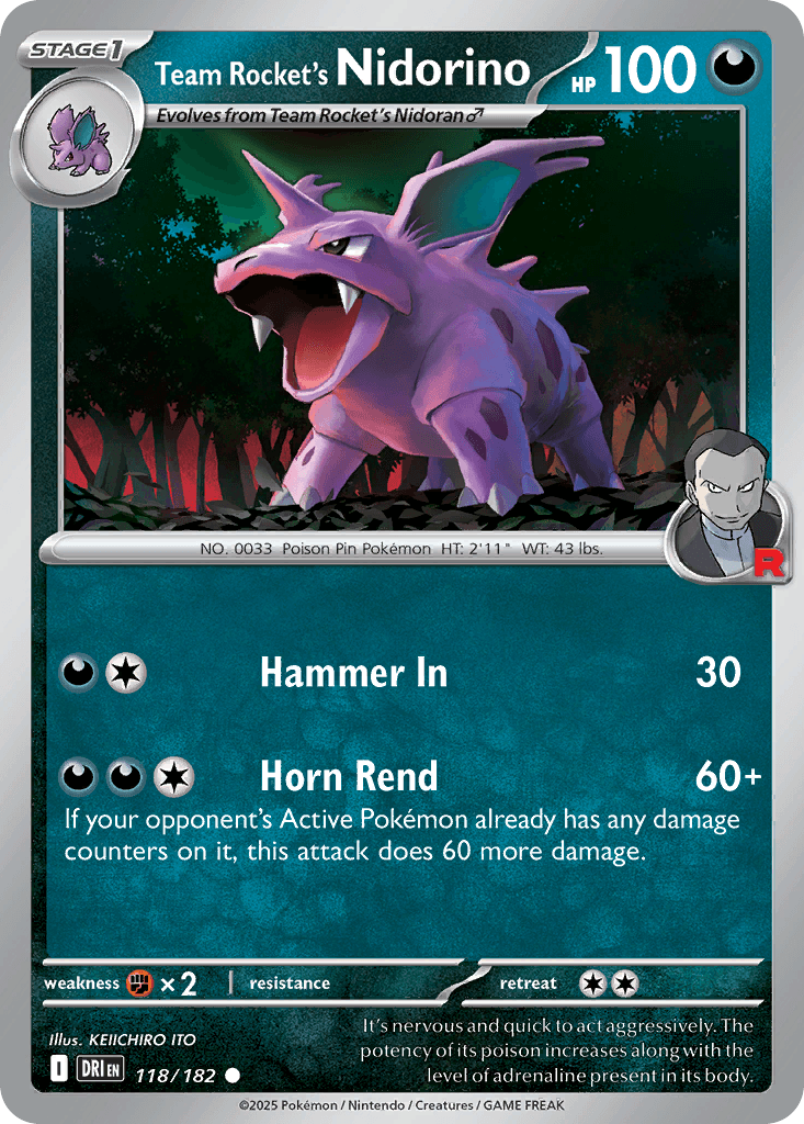 Carta Pokémon Team Rocket's Nidorino 118 de Destined Rivals